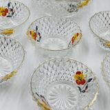 Vintage glass fruit salad serving set with a pansy design.