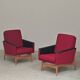 Pair of Drevotex Zamberk armchairs, red fabric and faux leather 1970