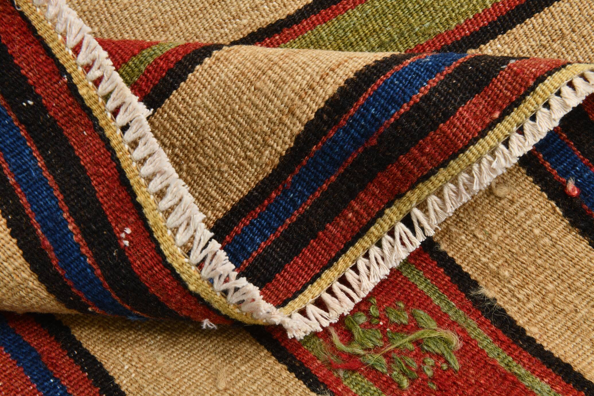 Vintage Sand Beige & Blue Kilim Runner Rug, 70x258Cm