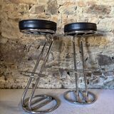 Pair of vintage 80s metal and faux leather bar stools