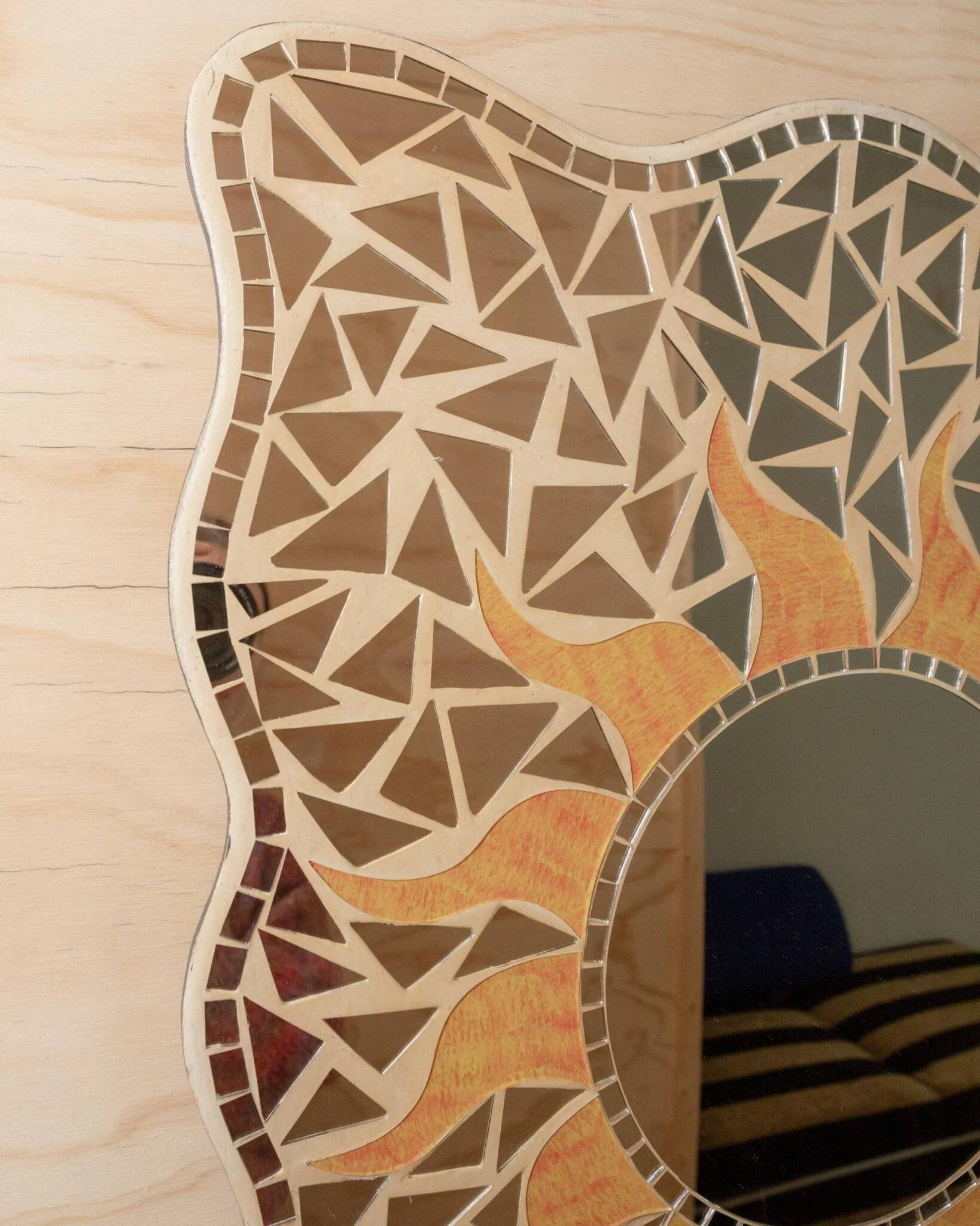 Vintage mosaic mirror sun motif - Unique piece from Italy, 1970s - Beautiful details, very decorative, bohemian style, gift idea.