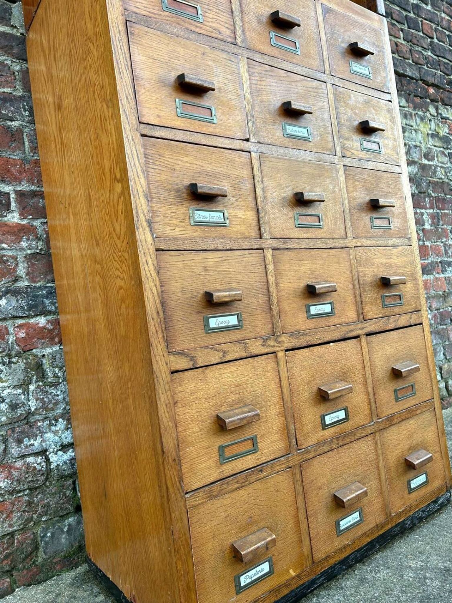 Large vintage workshop furniture with 30 drawers, antique haberdashery compartments.