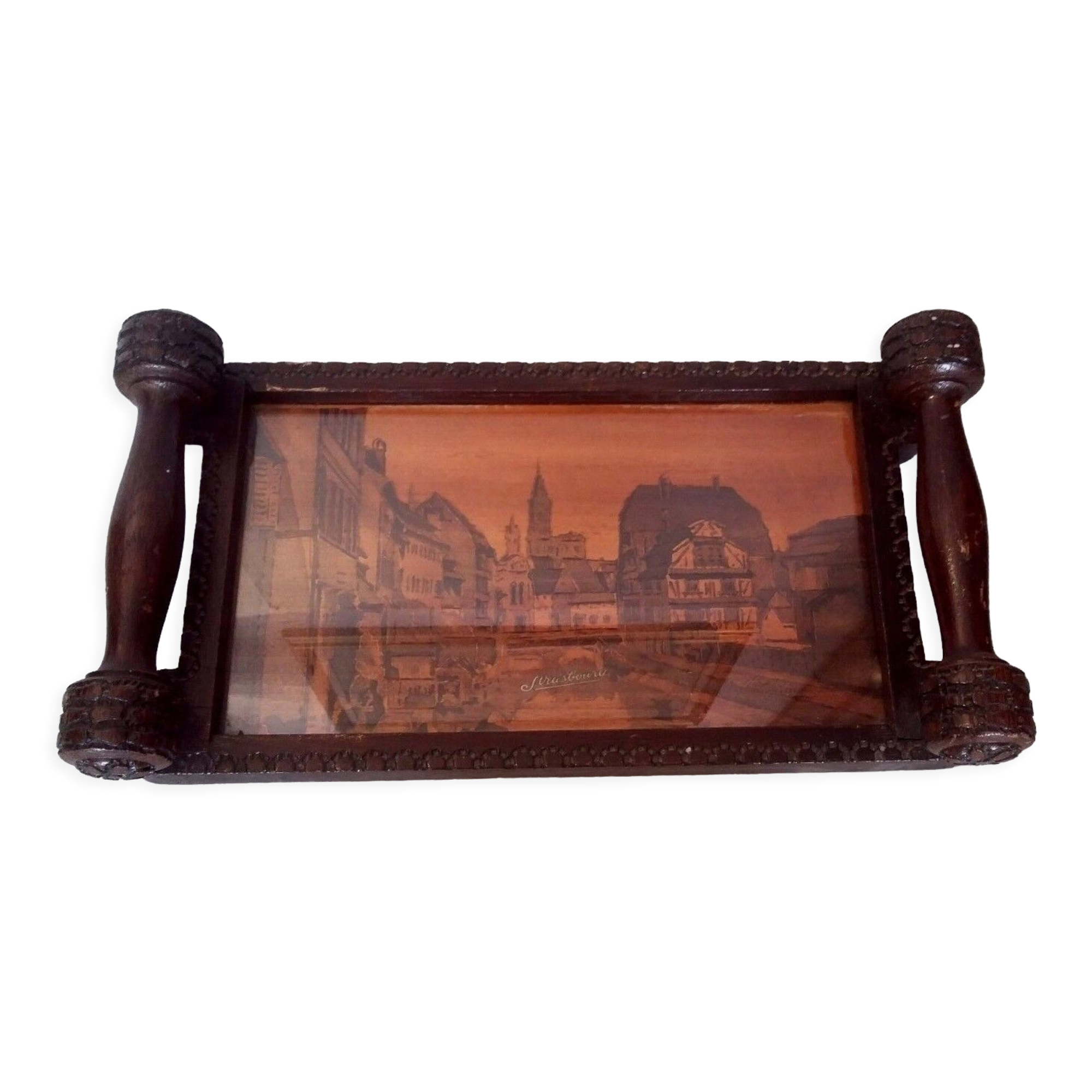 Strasbourg Alsace wooden serving tray signed