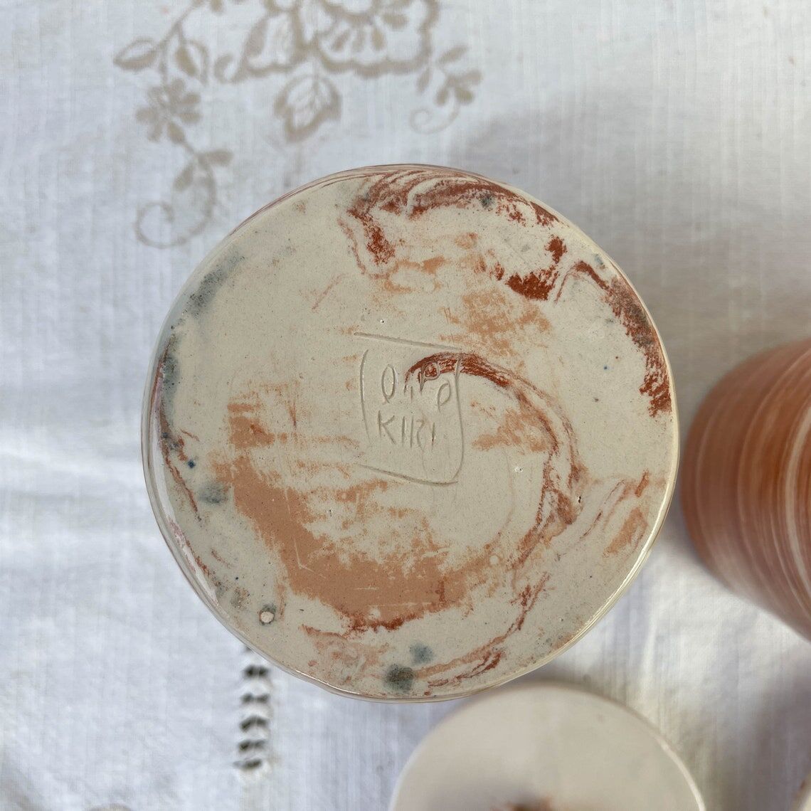 Set of 3 artisanal ceramic boxes signed Oupi Kiri vintage 50s