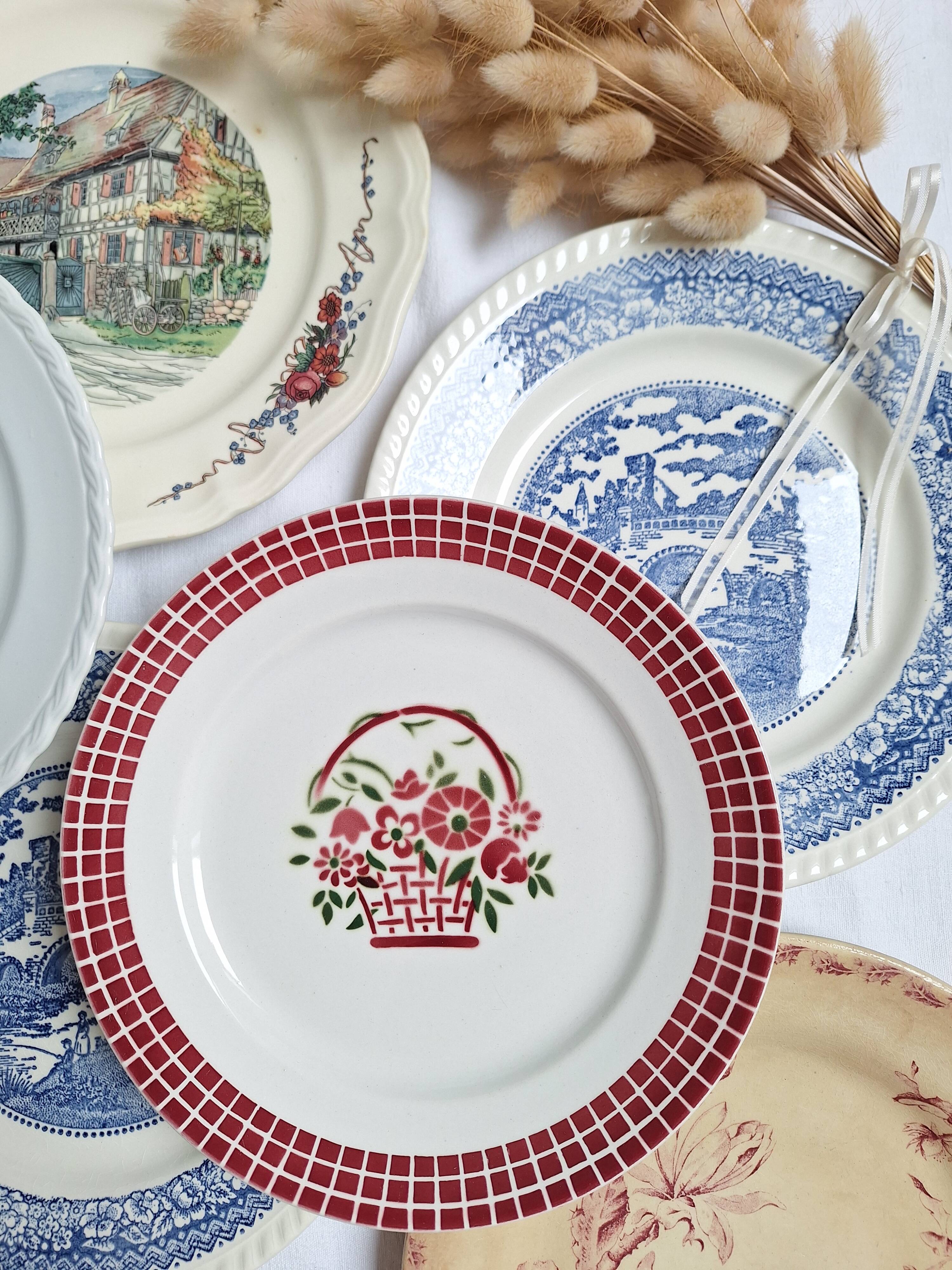 6 blue and pink dinner plates