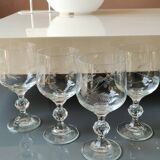 Set of 7 crystal stemmed glasses. Frosted wheat ear motifs. Art Deco