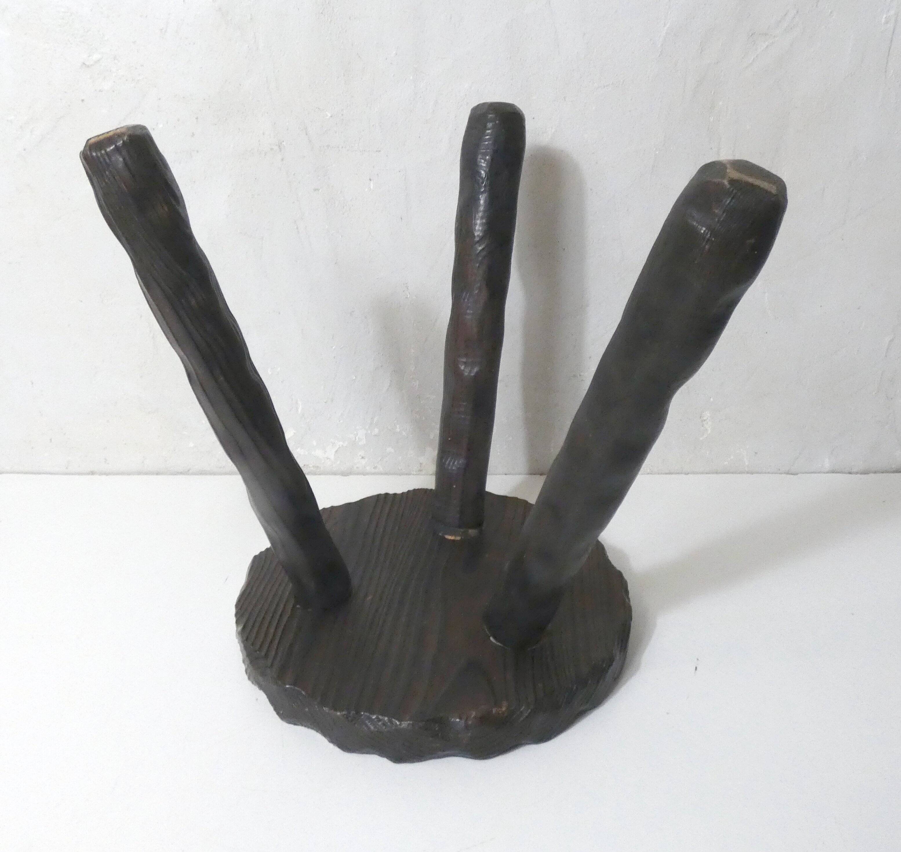 vintage brutalist solid oak tripod stool