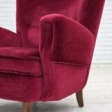 1960s, Danish armchair, cherry-red furniture velour, beech wood legs.
