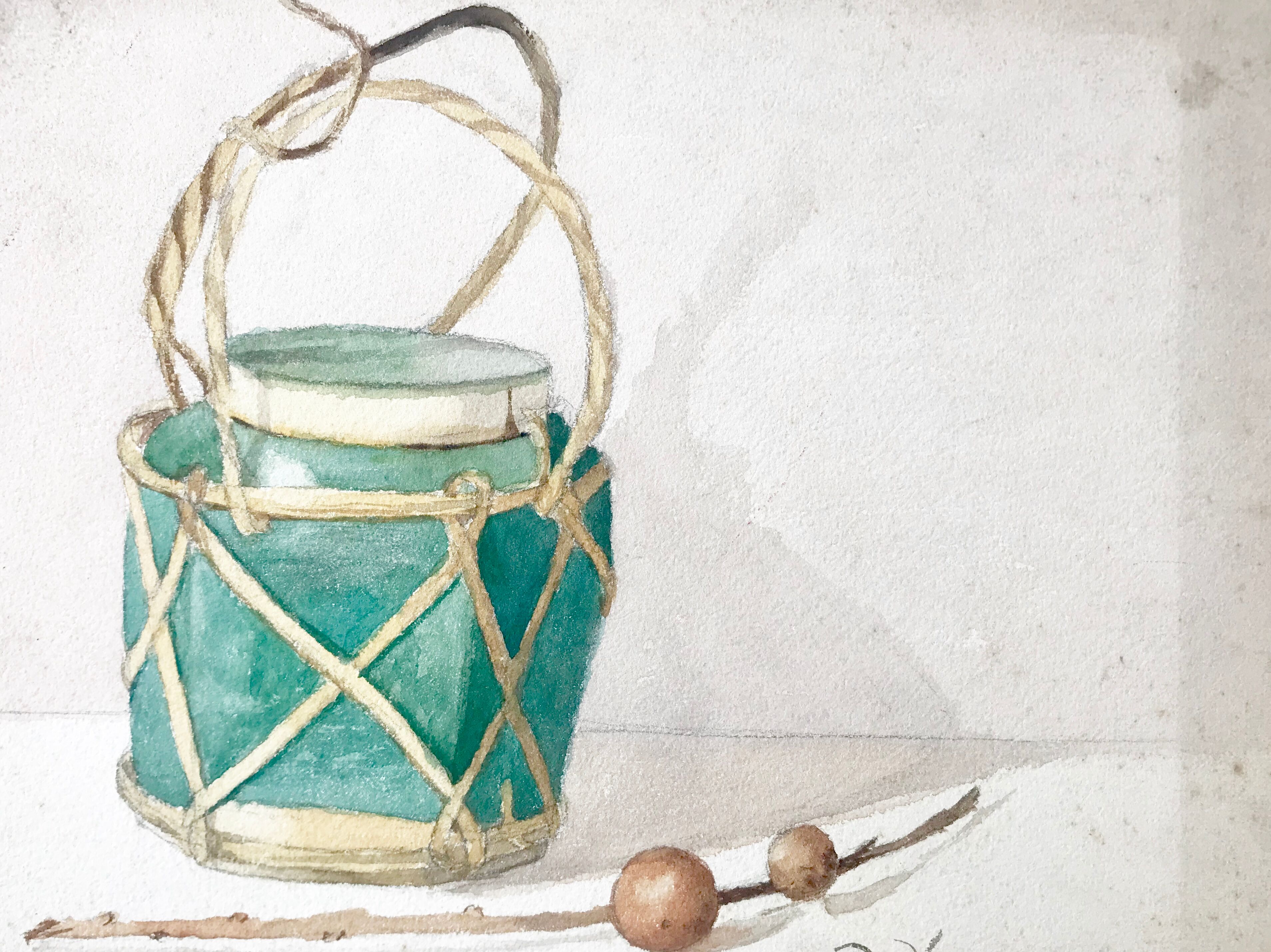 Old watercolor depicting a still life at the tea box