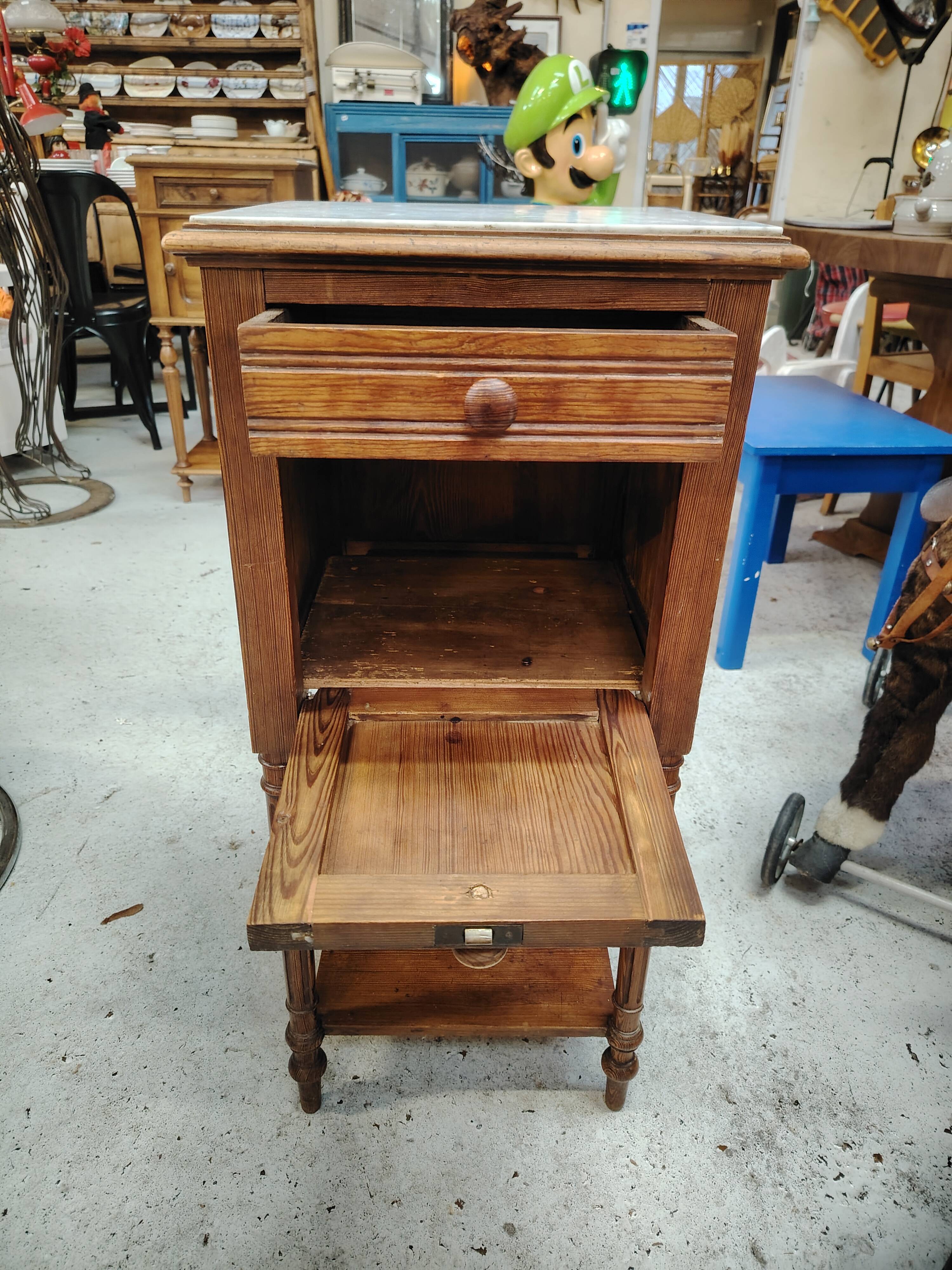 Antique bedside table in solid wood and marble – 19th century