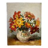 Oil painting on canvas signed Raymond PERISSE - Bouquet of Dahlias - Lorraine painter