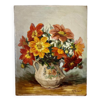 Tableau huile sur toile signé Raymond PERISSE - Bouquet de Dahlias - Peintre Lorrain