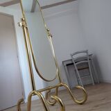 Grand miroir psyché laiton sur pied vintage, pivotant