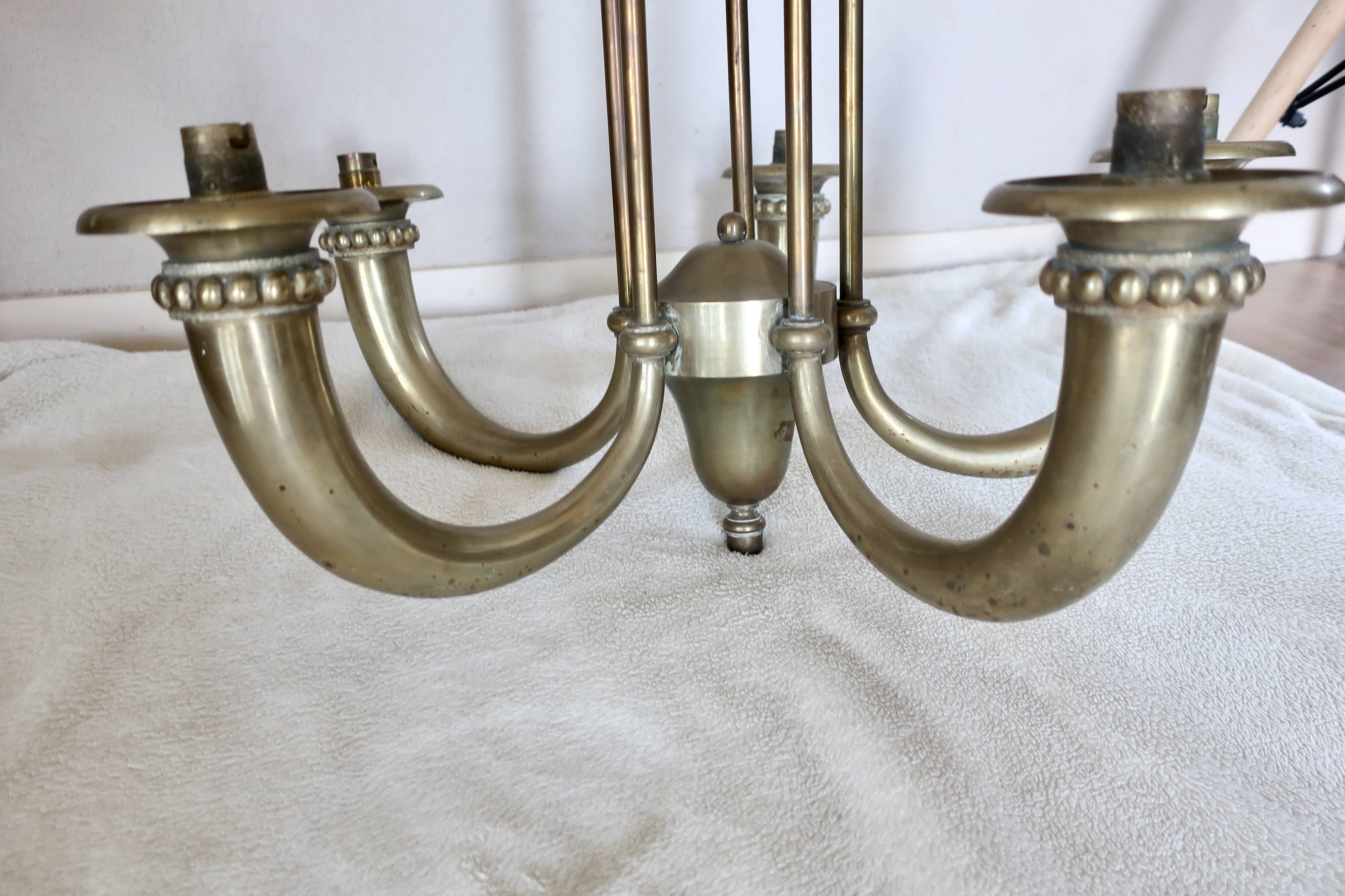 Art Deco chandelier in bronze and opaline by Jean Pascaud, 1940s.