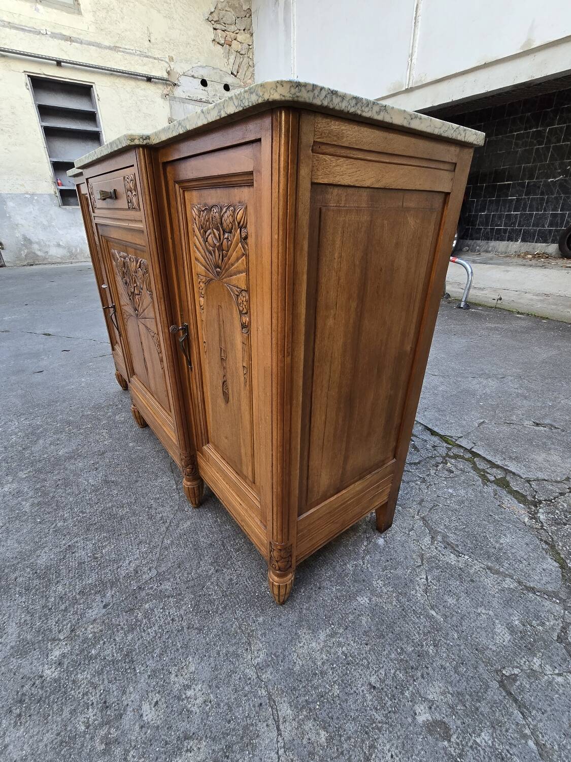 Solid wood carved sideboard with marble top, Art Nouveau style