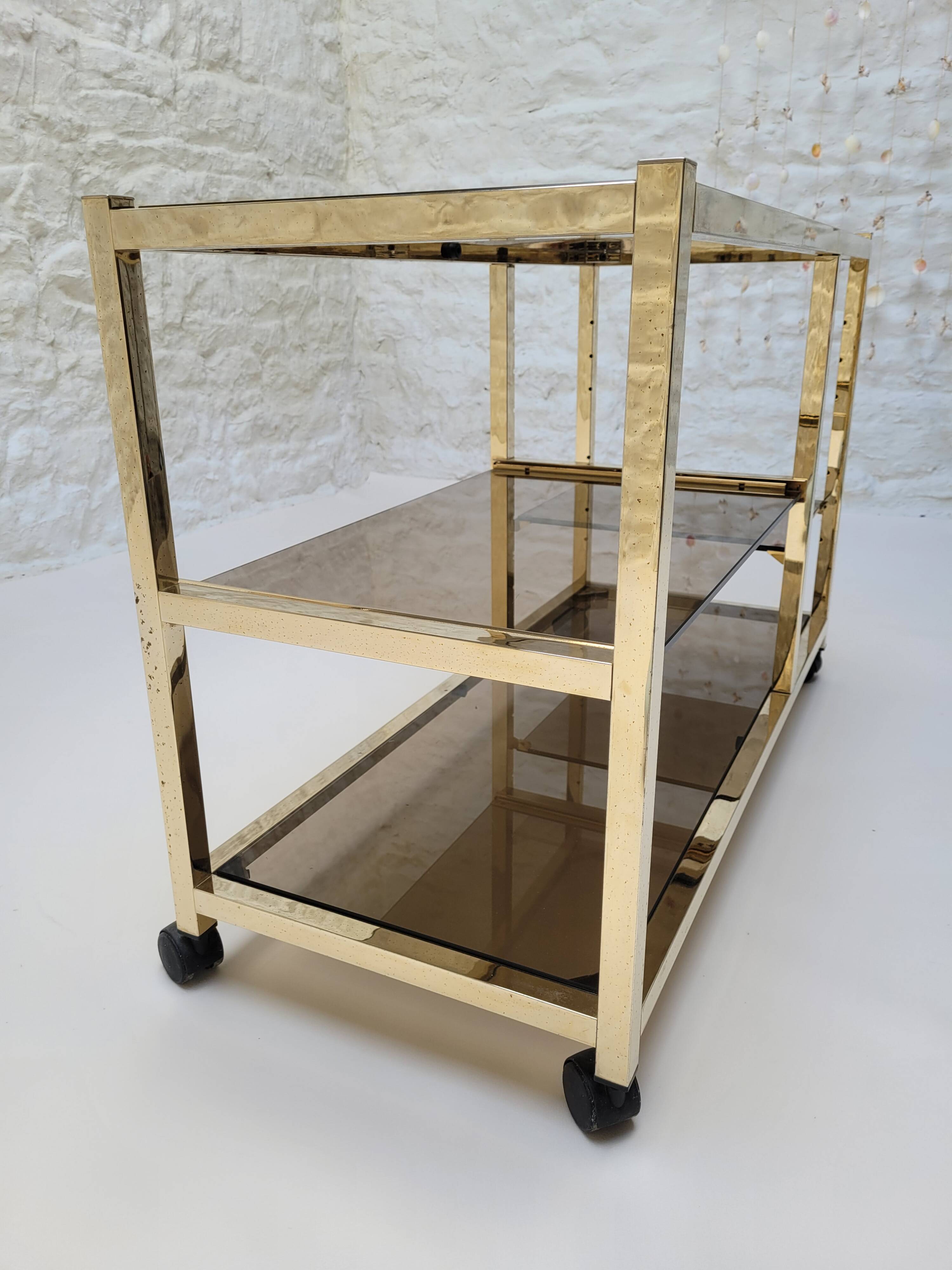 70s glass and gold metal TV stand coffee table