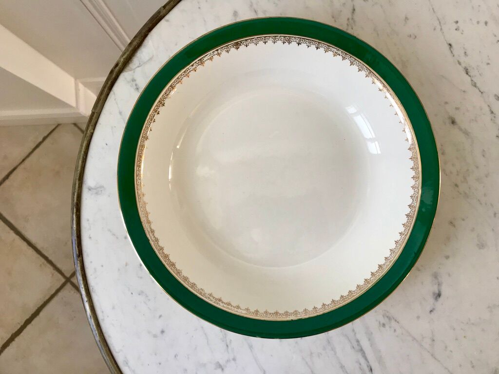 hollow dish Digoin Sarreguemines model "Martine" green and golden 50s