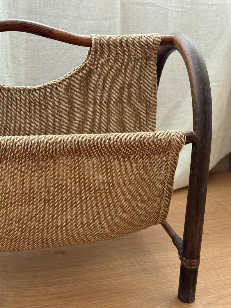porte-revues vintage en rotin et jute | style bohème des années 50 | années 1970