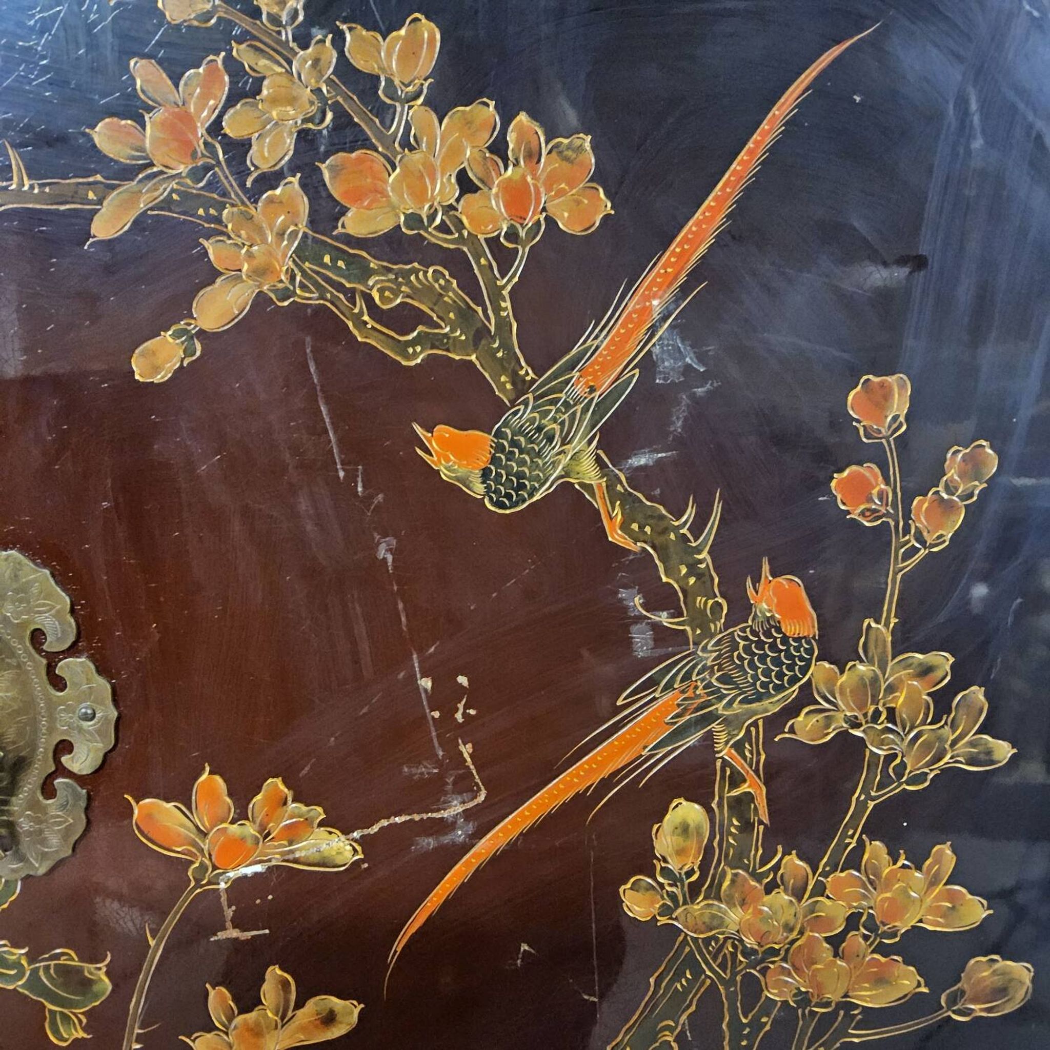 Vintage red / gold Chinese lacquer cabinet with flowers and birds