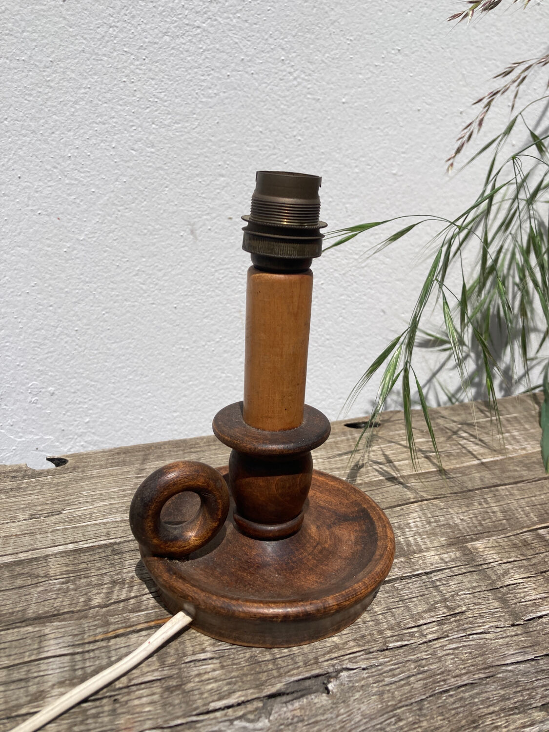 Wooden table lamp and vintage orange lampshade candle holder style