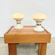 Pair of mushroom lamps — White opaline and lacquered metal — 1970s