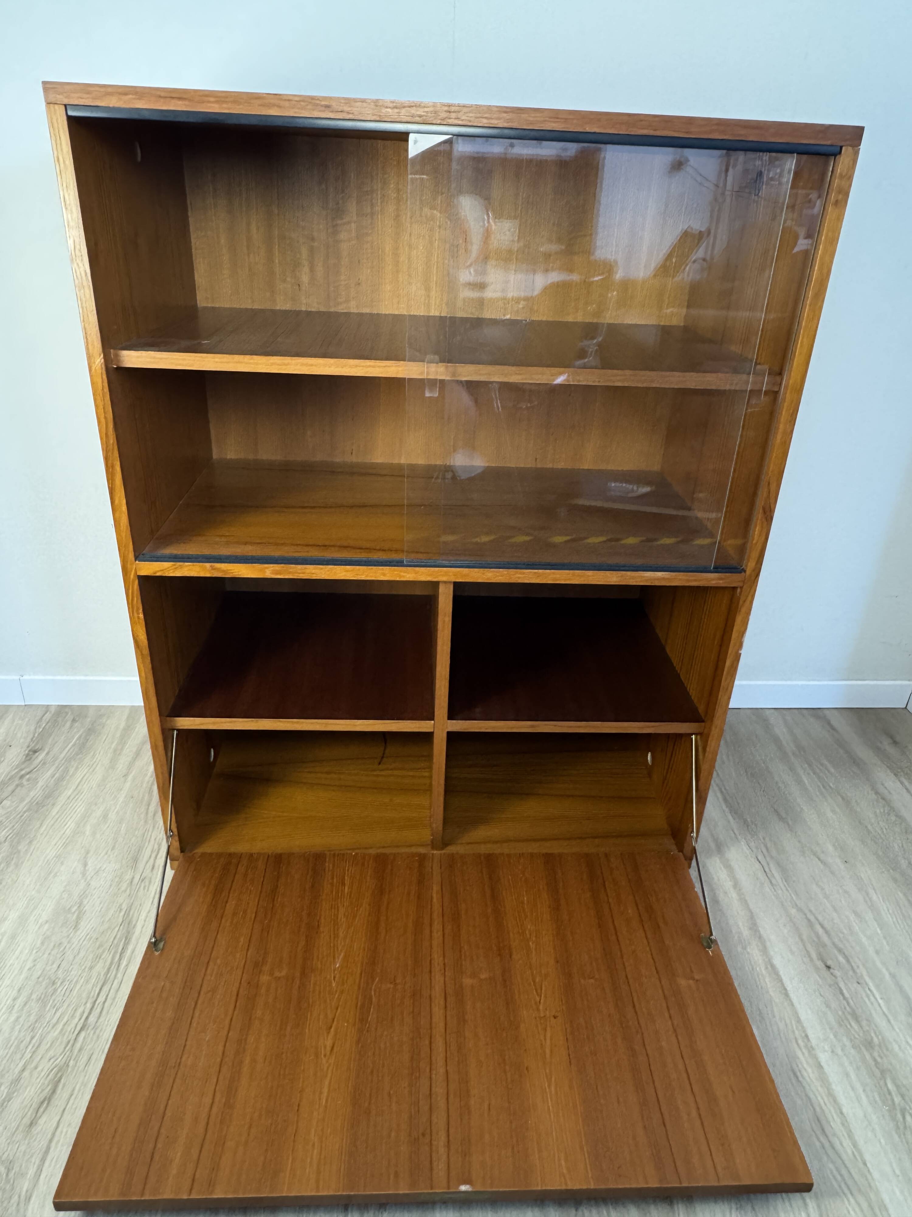 Teak furniture — sliding display cabinet + drop-down door