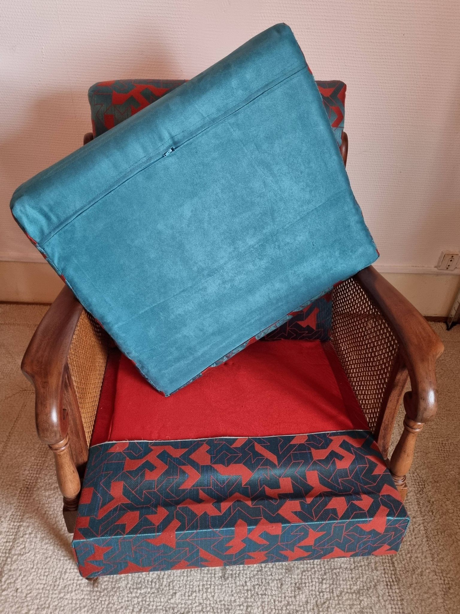 Bridge armchair in wood and cane from the 1950s.