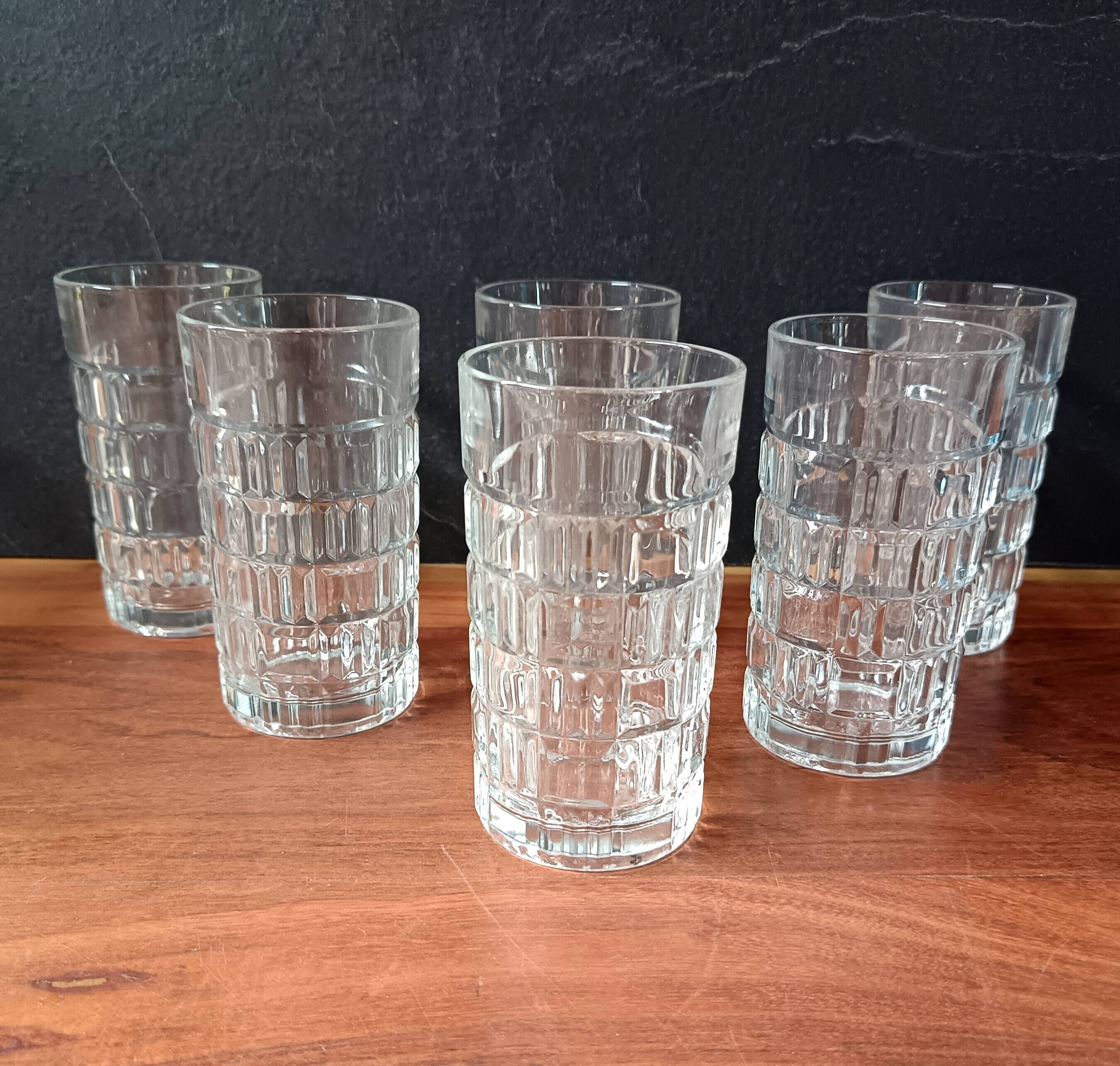 1970s glass orangeade set, 6 vintage Luminarc glasses and pitcher