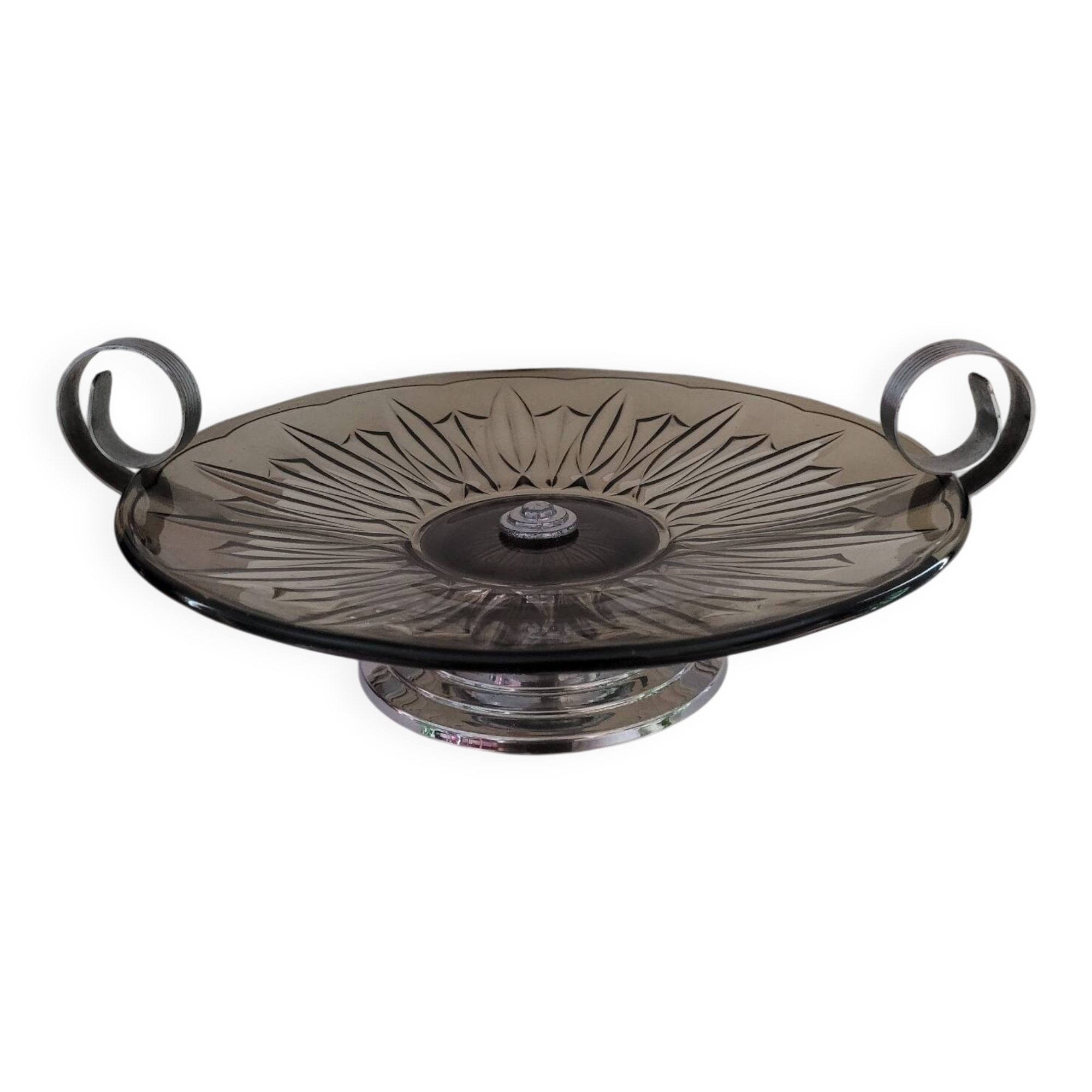 Art Deco stemmed bowl - Smoked glass and silver-plated metal - 1940s