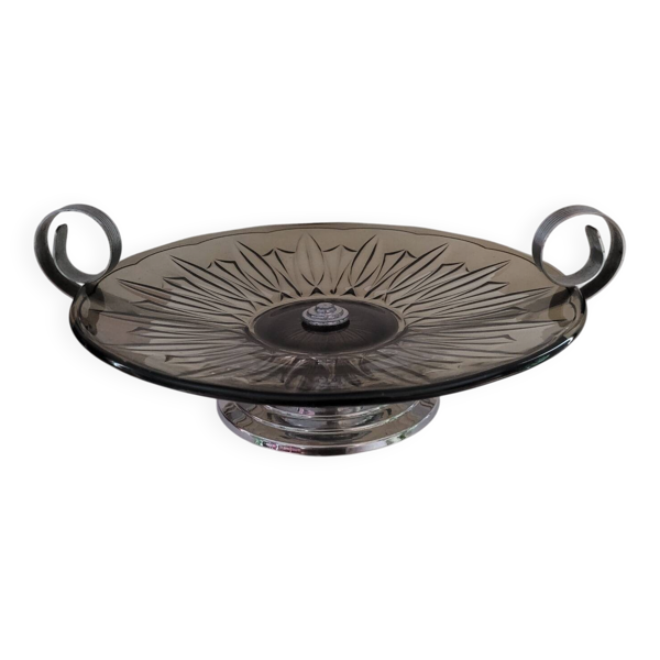 Coupe Art Déco sur pied - Verre fumé et métal argenté - Années 1940