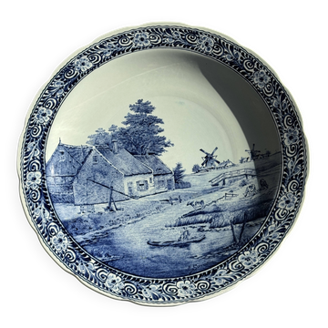 Grand plat circulaire creux vintage en faïence de Boch bleu et blanc