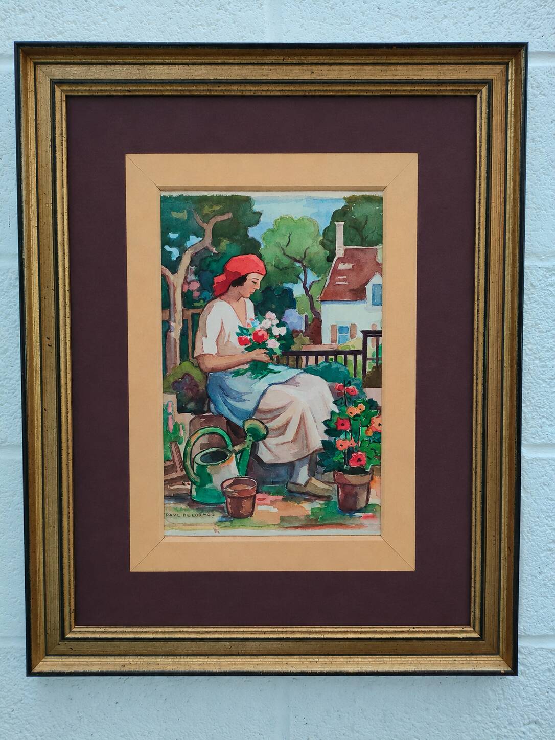 Original watercolour signed by Paul Delormoz (1895-1980) – Woman in the garden – In