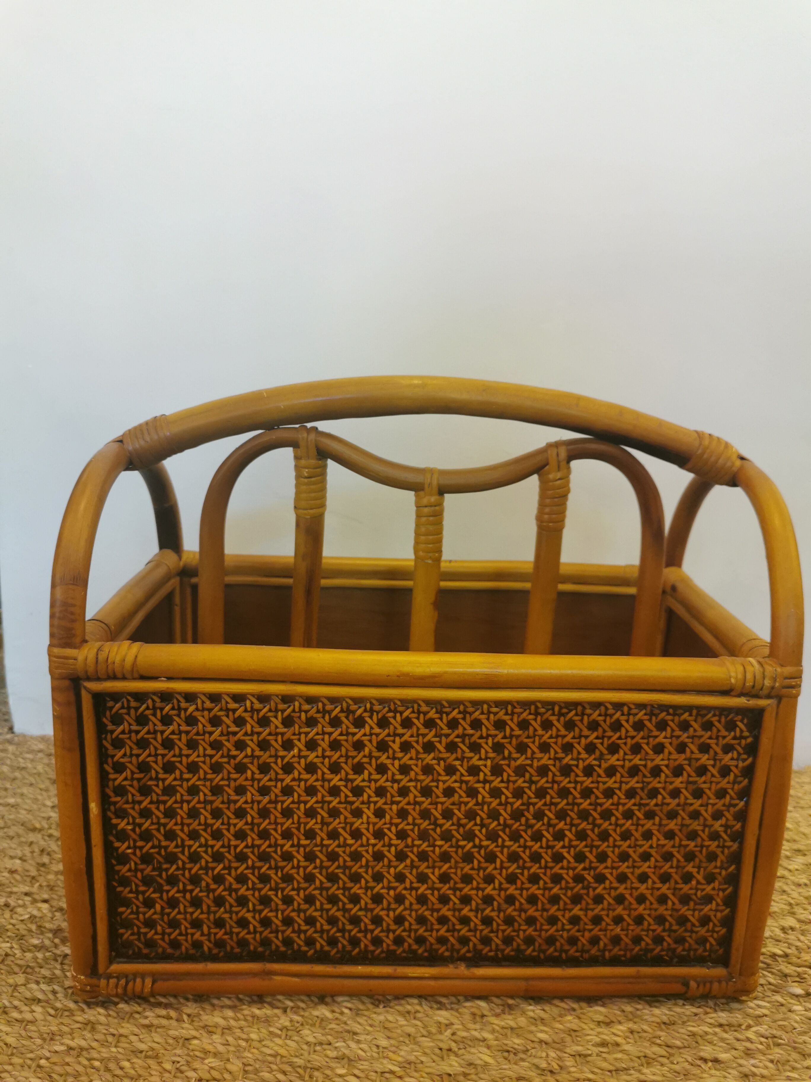 Vintage bamboo rattan and canning magazine holder