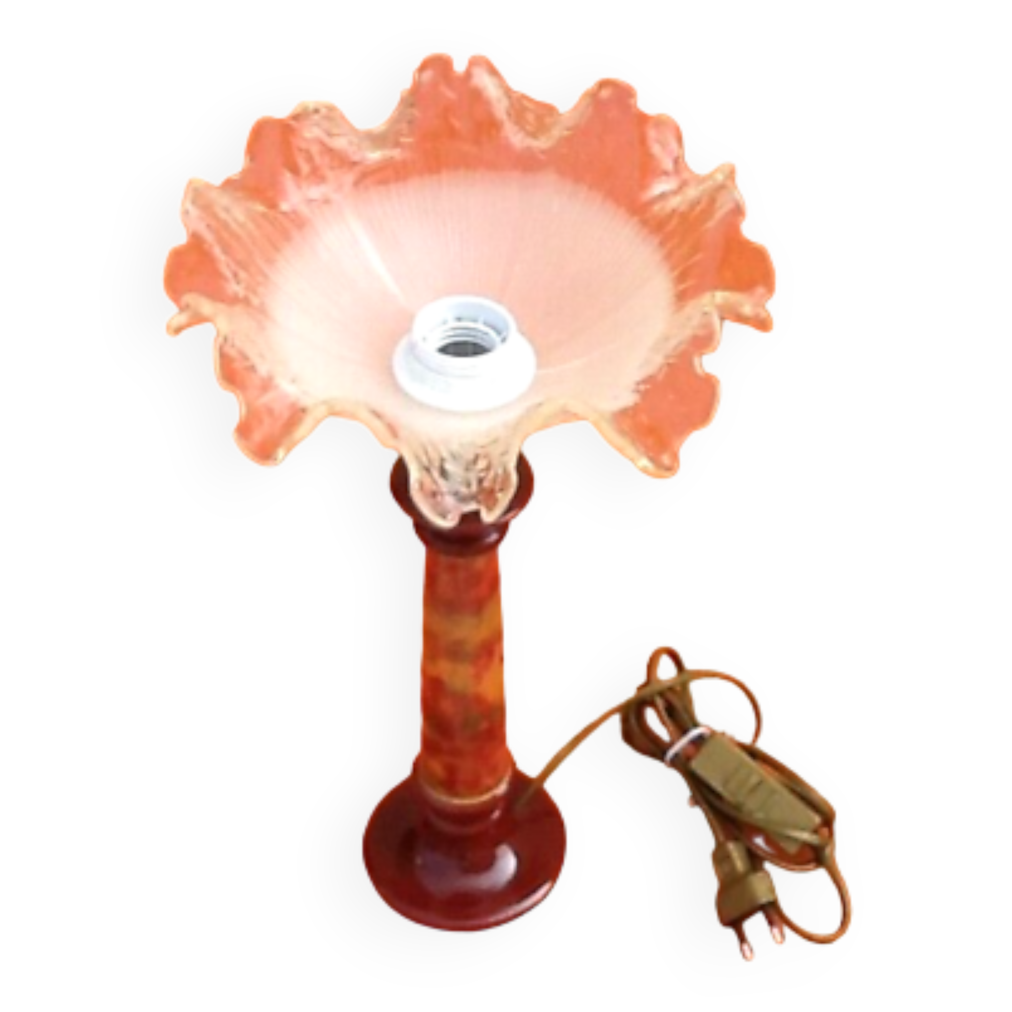 Lamp in marbled ceramic and polylobe glass lampshade