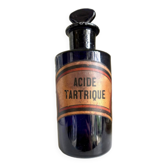 Flacon d'apothicaire acide tartrique en verre bleu