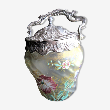 Cookie bucket 1900, Enamelled twisted glass jar Legras: Poppies
