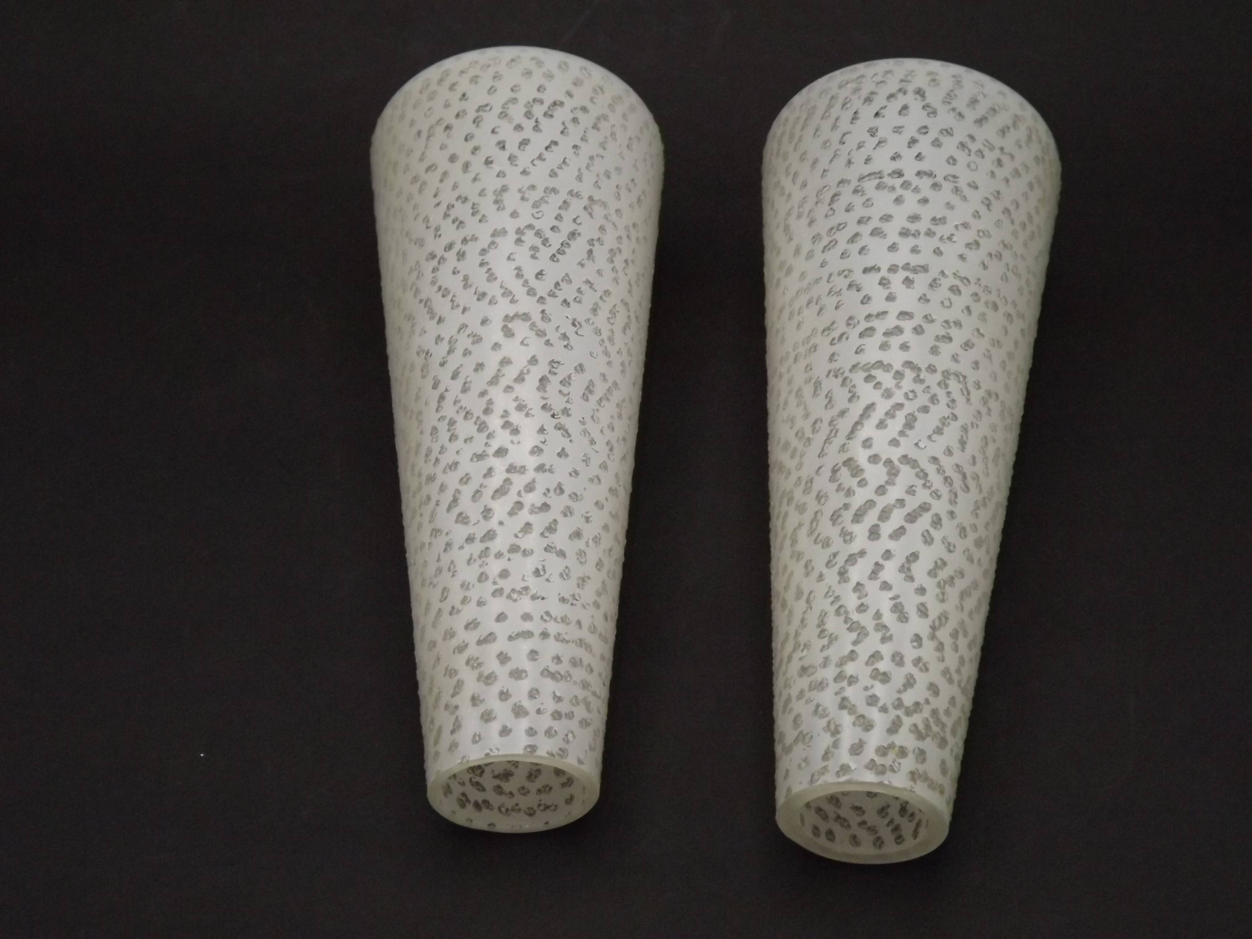 Pair of French vintage retro white opaque patterned glass replacement shades.