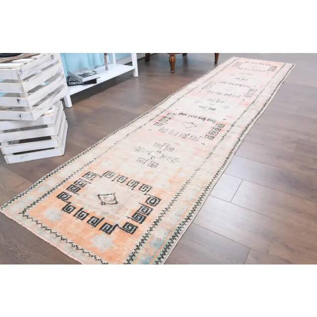 Vintage Turkish Oushak Handmade Cotton Orange Wool Runner Rug 82x328