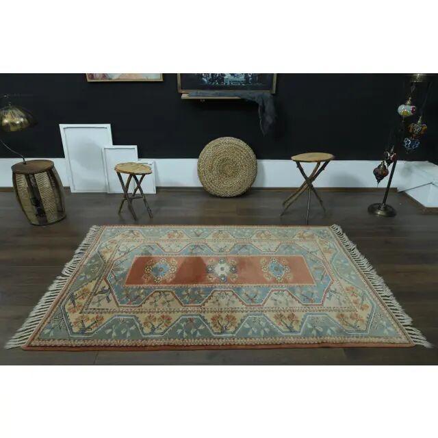 1970s Vintage Turkish Handmade Wool & Cotton Orange Area Rug 125x195