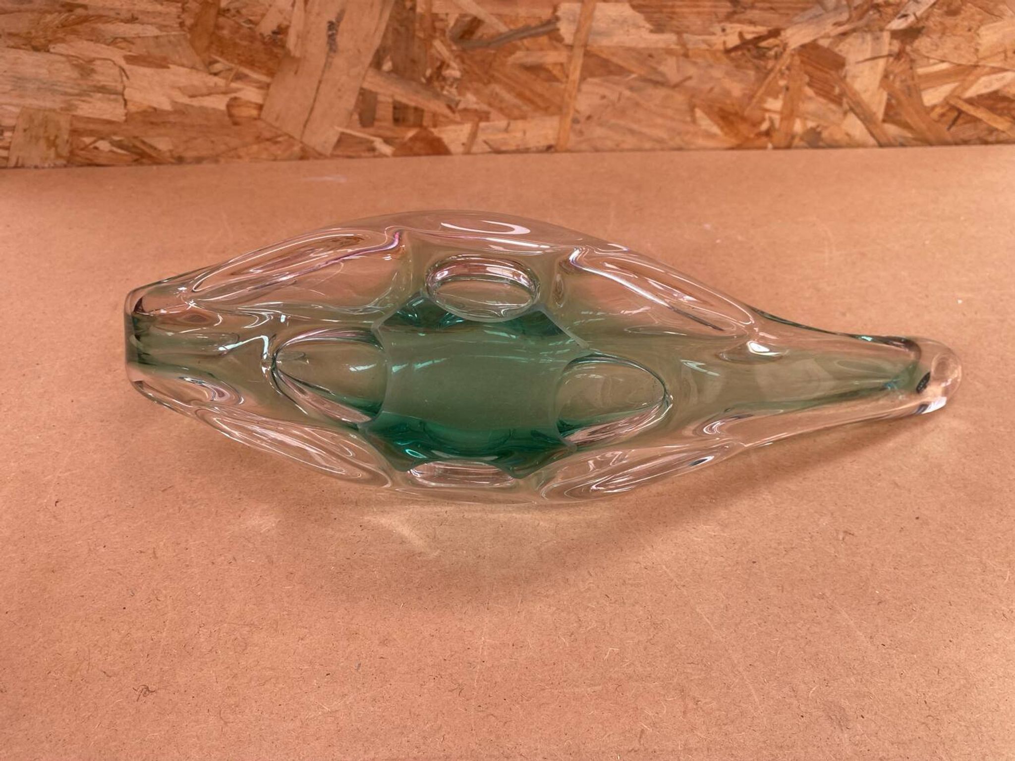 Ancien Vide Poche Coupe Cristal Vert & Transparent Vintage #B087
