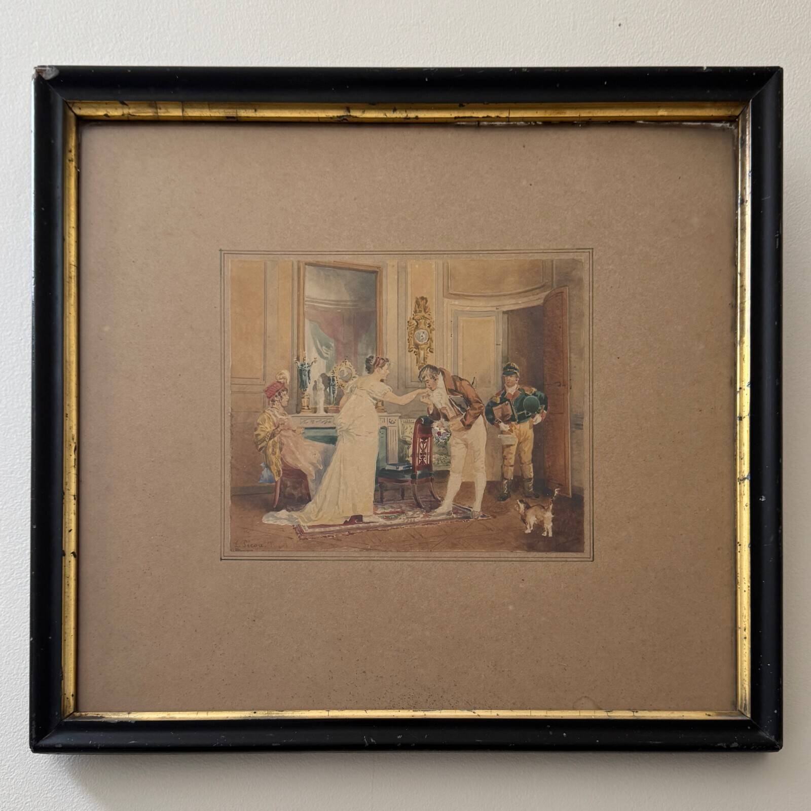 Watercolor paper scene of a bourgeois interior by Eugènes Charles Picou, 19th century