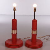 Ensemble de lampes de table rembourrées en cuir orange français années 1960