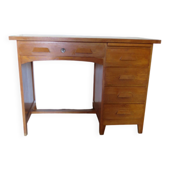 Vintage modernist desk - 5 drawers - shelf - 1950s - closing mechanism