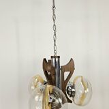 Lustre vintage en bois et métal avec trois plafonniers en verre coloré
