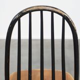 Set of 4 vintage wooden design chairs with black spindle backrest and brown seat