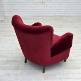 1960s, Danish armchair, cherry-red furniture velour, beech wood legs.