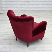 1960s, Danish armchair, cherry-red furniture velour, beech wood legs.