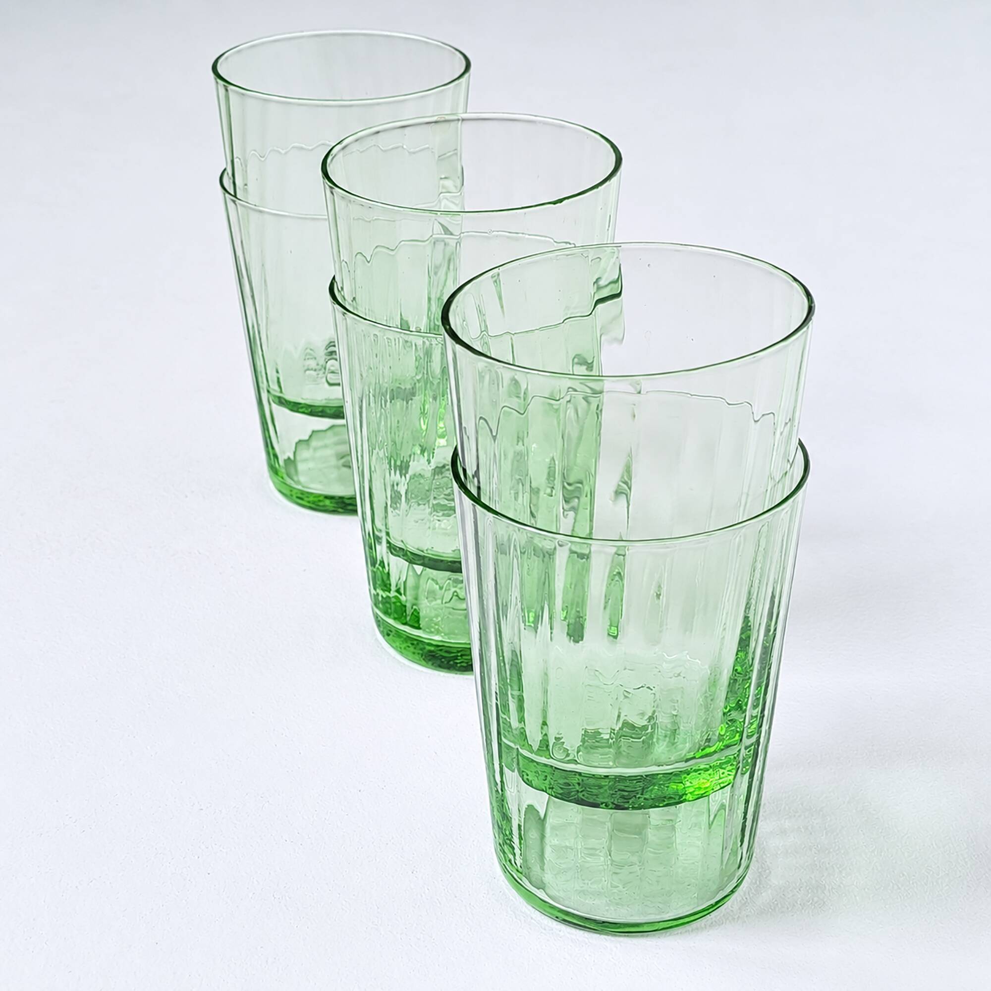 Set of 6 antique green blown glass goblets with fine fluting.