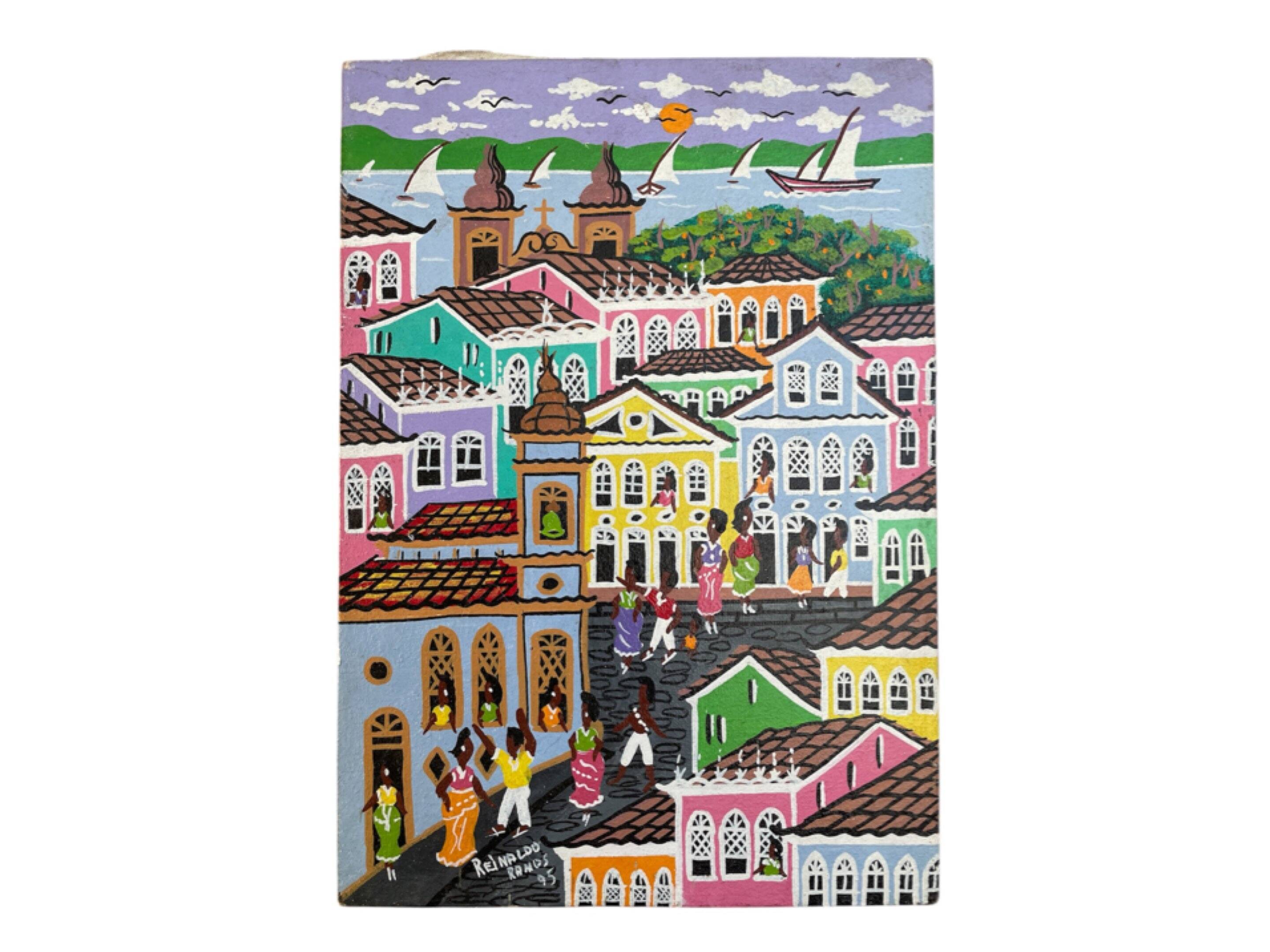 Acrylic painting, naive art, street scene Brazil, colorful colonial houses, sea, sailing boats