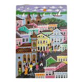 Acrylic painting, naive art, street scene Brazil, colorful colonial houses, sea, sailing boats